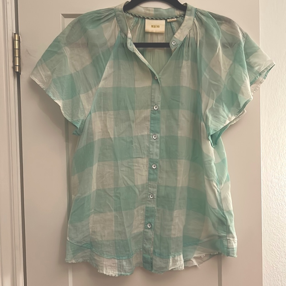 Anthropologie Maeve turquoise plaid short-sleeve top